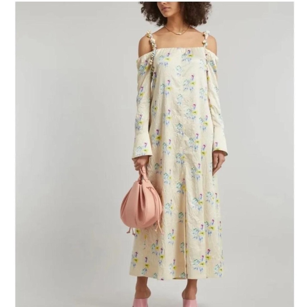 NWT GANNI - Ganni Floral Off the Shoulder Long Sleeve Crinkled Satin Maxi Dress - Picture 2 of 9